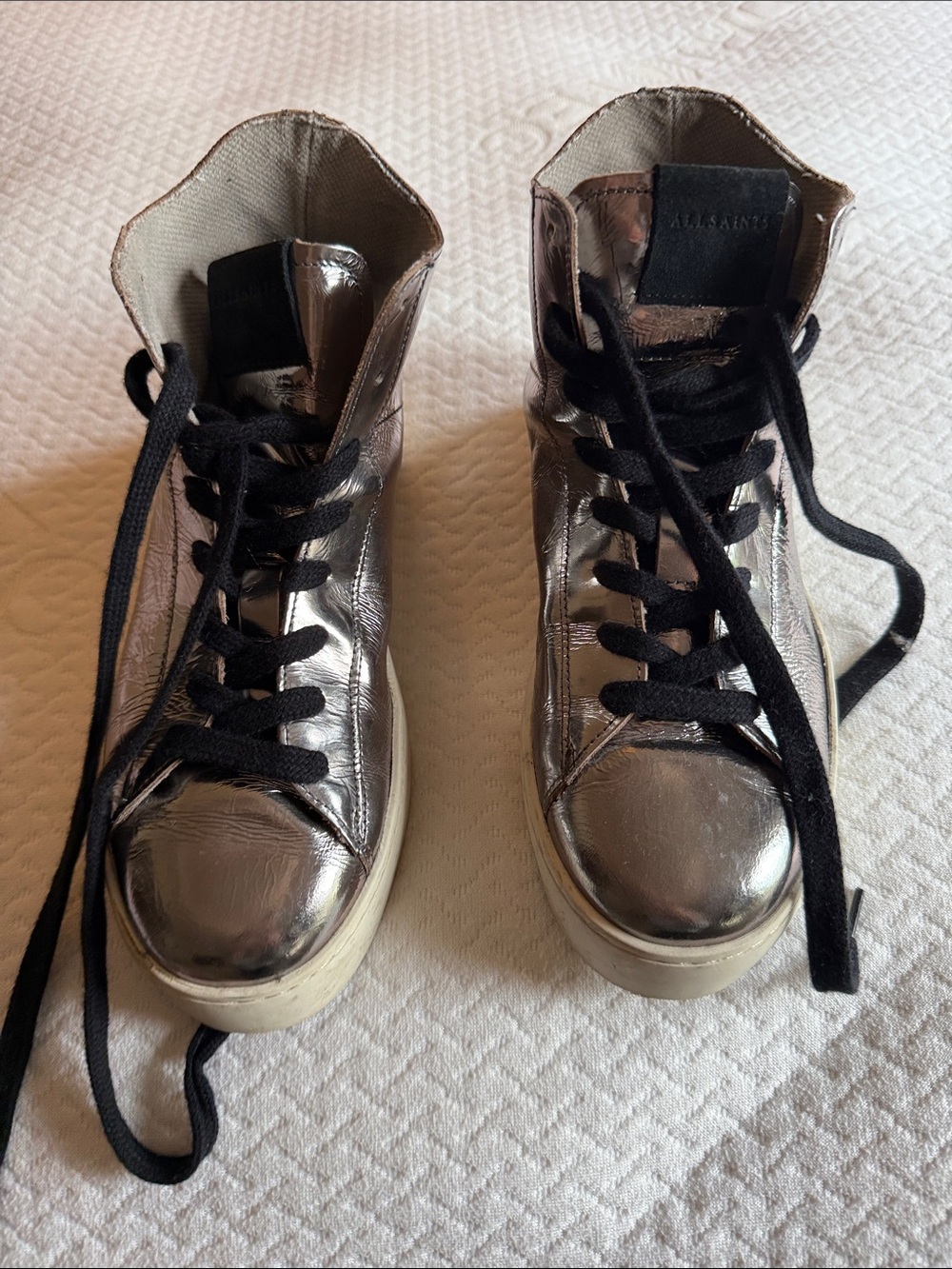 All Saints Silver Metallic High-Top Sneakers with Black Laces